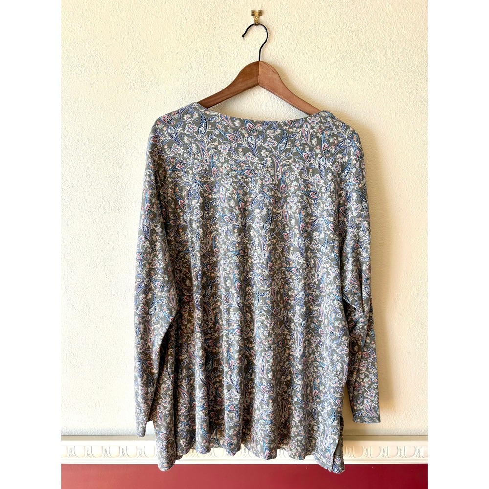 J. Jill Simply Supima Side-Split Tunic 2X Sage Green Paisley V-Neck Cotton Top - Picture 5 of 11